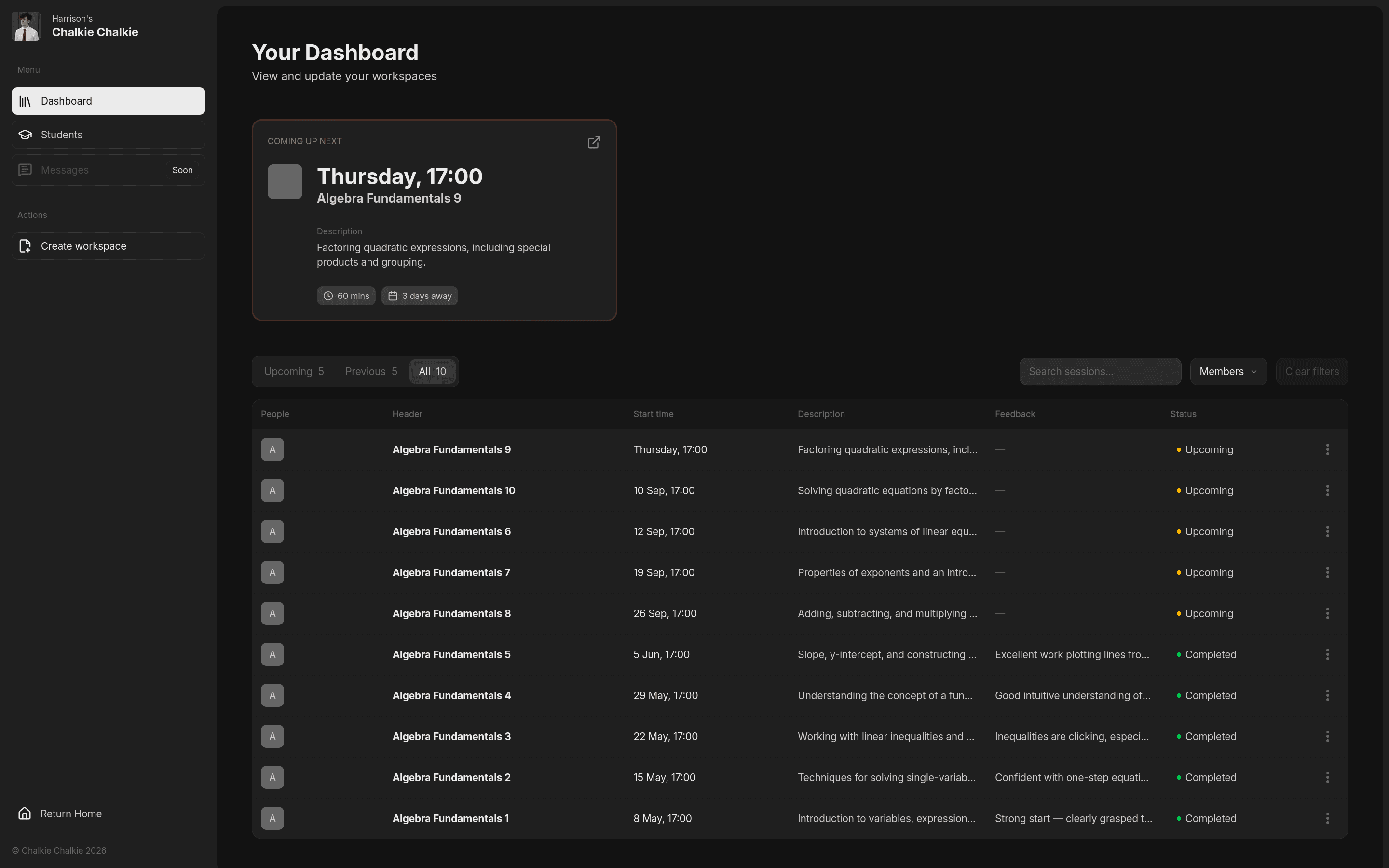 The Chalkie Chalkie tutor dashboard, showing the next upcoming lesson above a filterable table of scheduled and completed sessions