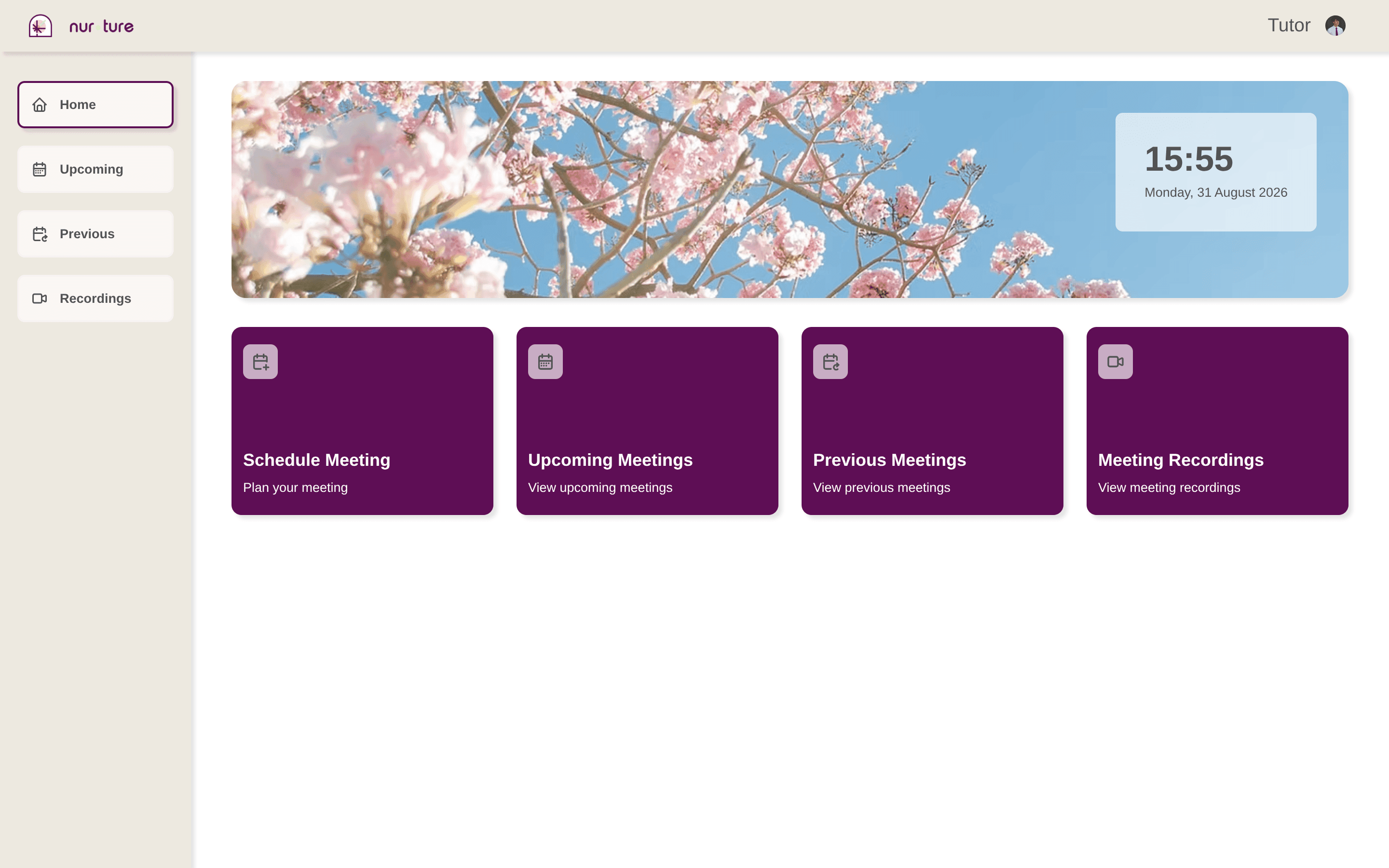 The Nurture Connect tutor home page, with a clock banner above shortcut cards for scheduling meetings and viewing recordings