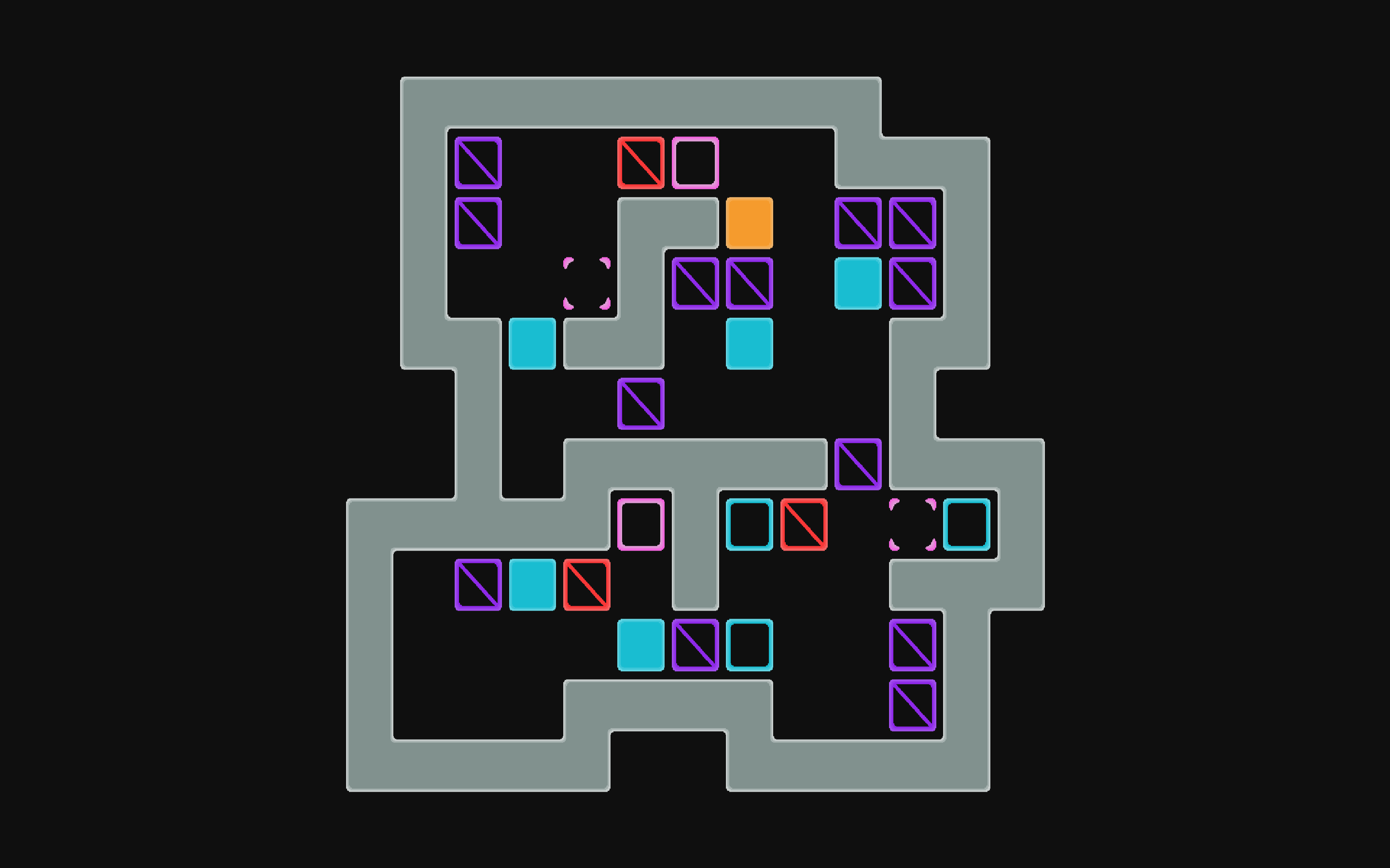 A Soft Blocked puzzle level, showing coloured blocks and their target positions laid out across a walled grid
